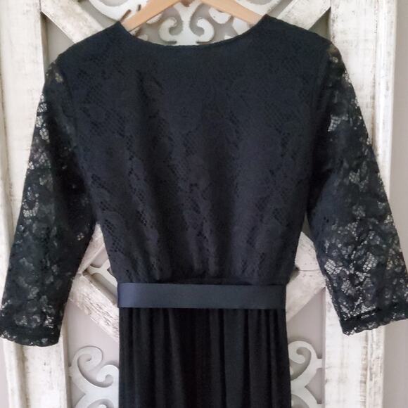 Ellen Weaver Women's Lace Top Overlay Ribbon Belt Maxi Dress in Black - Picture 12 of 14